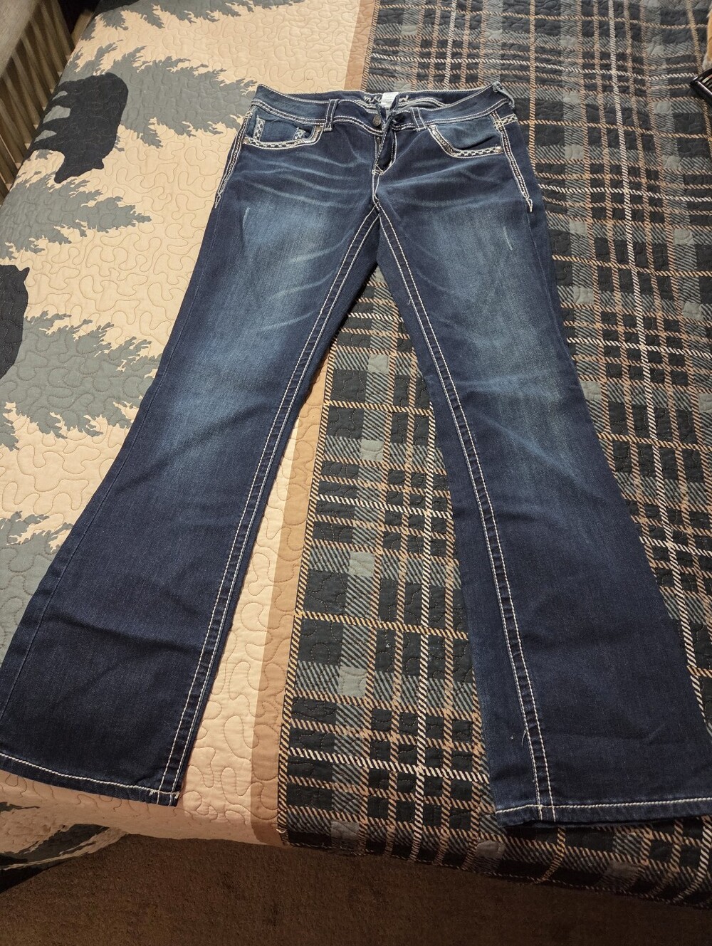 Dark Blue Women's Bootcut Jeans - Classic Stretch Denim.